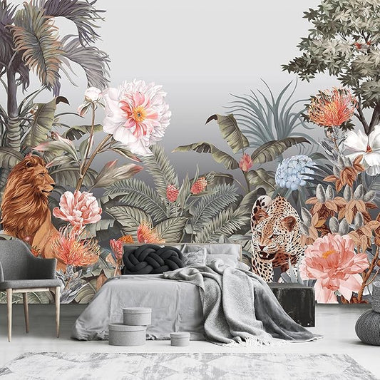 Gray Tropical Jungle Animals Kids Room Wallpaper (Not Peel and Stick)