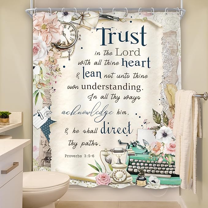 MESHELLY Vintage Christian Shower Curtain 60Wx72H Retro Floral Bible Verse Rustic Farmhouse Pink Flower Quotes Bathroom Curtain Scriptures Bath Curtain Fabric Bathroom Accessories Decor with 12 Hooks
