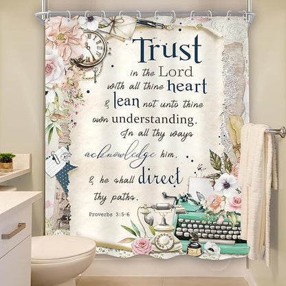 MESHELLY Vintage Christian Shower Curtain 60Wx72H Retro Floral Bible Verse Rustic Farmhouse Pink Flower Quotes Bathroom Curtain Scriptures Bath Curtain Fabric Bathroom Accessories Decor with 12 Hooks
