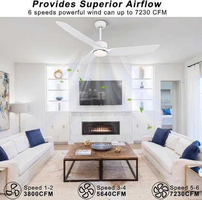 Ohniyou 56 Inch White Ceiling Fan with Lights, Modern 3 Blades Ceiling Fan with Remote/APP Control, Reversible DC Motor, Dimmable 3 CCT, Indoor Outdoor Ceiling Fan for Covered Patios Living Room