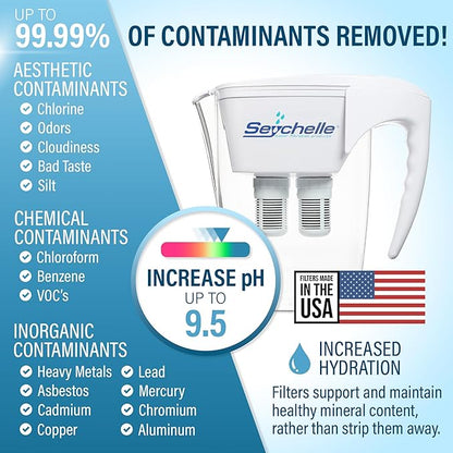 Seychelle pH2O Alkaline Water Filter Pitcher - pH Enhancing Filtration - USA-Made Filter, 64oz