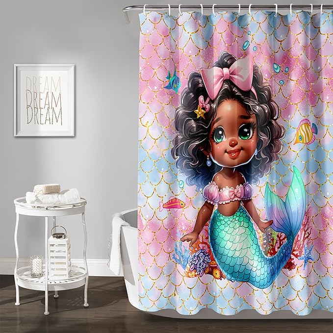 AILONEN Mermaid Shower Curtain,Cute Black Girls Mermaid Bath Curtain for Kids Girls,Ocean Fish Pink Mermaid Scale Print Shower Curtain for Bathroom Decor Waterproof with 12 Plastic Hooks, 72" W*96" H