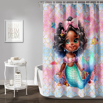 AILONEN Mermaid Shower Curtain,Cute Black Girls Mermaid Bath Curtain for Kids Girls,Ocean Fish Pink Mermaid Scale Print Shower Curtain for Bathroom Decor Waterproof with 12 Plastic Hooks, 72" W*96" H