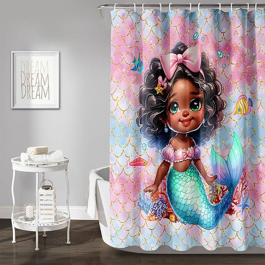 AILONEN Mermaid Shower Curtain,Cute Black Girls Mermaid Bath Curtain for Kids Girls,Ocean Fish Pink Mermaid Scale Print Shower Curtain for Bathroom Decor Waterproof with 12 Plastic Hooks, 72" W*96" H