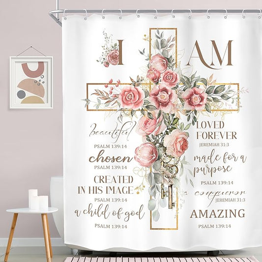 MESHELLY Pink Floral Shower Curtain 60Wx72H Christian Shower Curtain Rustic Farmhouse Bible Verse Cross Bathroom Curtain Motivational Quote Country Bath Curtain Fabric Bathroom Decor with 12 Hooks