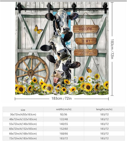 Farmhouse Cow Shower Curtain Funny Animal Butterfly Sunflower Cow Shower Curtains for Bathroom Decor Waterproof Polyester Fabric Western Barn Door Bathroom Curtain with Hooks 55x72 Inch