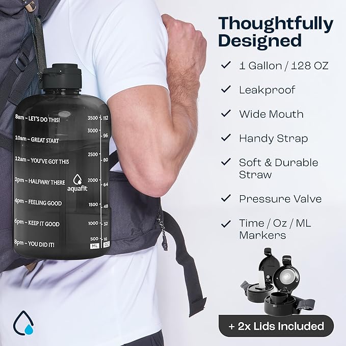 AQUAFIT 1 Gallon Water Bottle with Time Marker - BPA Free 128 oz Water Bottle with Straw, Gym Water Bottle with Handle, 1 Gallon Water Jug, Big Water Bottle, Large Water Bottle (Mint)