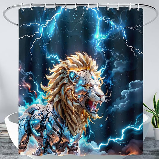 AILONEN Lion Shower Curtain,Evening Lightning Howling Lion Bath Curtain,Fierce Lion Bathroom Curtain Decor,Safari Animal Polyester Waterproof 36" W*72" H Shower Curtain Hooks