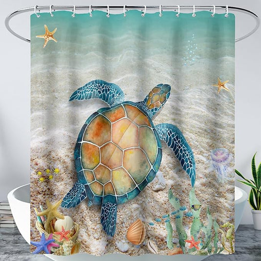 AILONEN Sea Turtle Shower Curtain,Beach Ocean Turtle Bath Curtain with 12 Plastic Hooks,Sea Animal Coast Shell Print Bath Curtain Polyester Waterproof 72" W*96" H