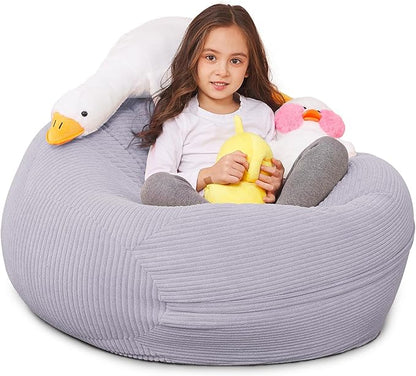 Stuffed Animal Storage Bean Bag Chair Cover for Kids, 38" Beanbag Chairs Cover Plush Toys Organizer Super Soft Corduroy with Handle and Zipper for Boys and Girls - Grey