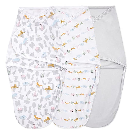 aden + anais, Cotton Knit Baby Wrap, Newborn Wearable Swaddle Blanket, 3 Pack, Multicolor Alphabet Animals, 0-3 Months