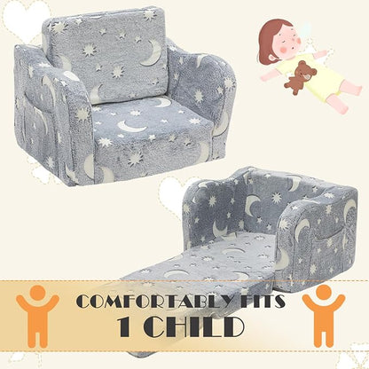 Baby Toddler Baby Sofa Couch for Kids Foldable 2-in-1 Fold Out Couch Bed for Playroom, Pull Out Children Convertible Sofa to Lounger Sleeper Chair for Boys & Girls with Double Pockets - Glowing Grey
