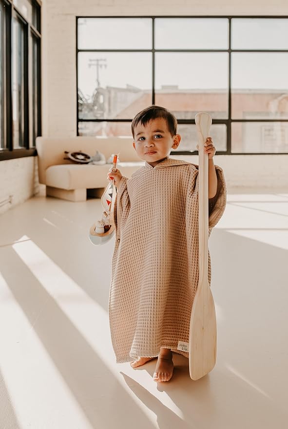 Hooded Towel for Kids | Snaps into a Poncho | Organic Cotton Waffle | Lightweight and Absorbent | Bath, Beach, and Pool | Multiple Colors | (Large (6-10 Yrs), Sand)