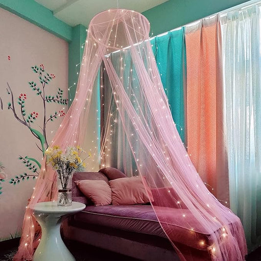 Eimilaly Bed Canopy Mosquito Net with 250pcs Warm White Curtain Lights, Bed Canopy for Girls Room Decor or Theme Party, Pink/Warm White Lights