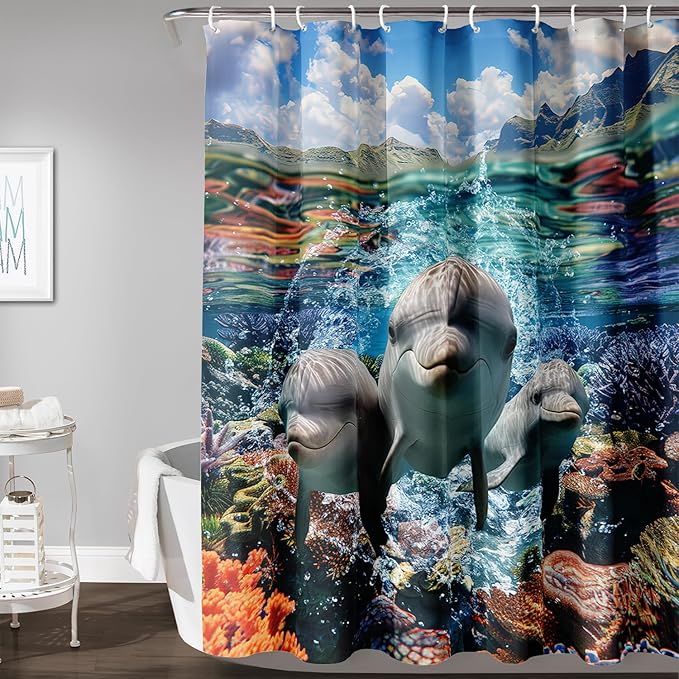 AILONEN Cute Dolphin Shower Curtain,Ocean Dolphin Bath Curtain,Tropic Sea Coral Beach Curtain,Boys Girls Kids Curtain for Bathroom Decor Waterproof, 60" W x 72" H