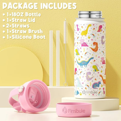 Fimibuke Kids Insulated Water Bottle - 18oz BPA-FREE 18/8 Stainless Steel Kid Cup with Straw Travel Tumbler Double Wall Vacuum Leak Proof Toddler Water Bottle for School Boy Girl(1 Pack,Blue Dinosaur)