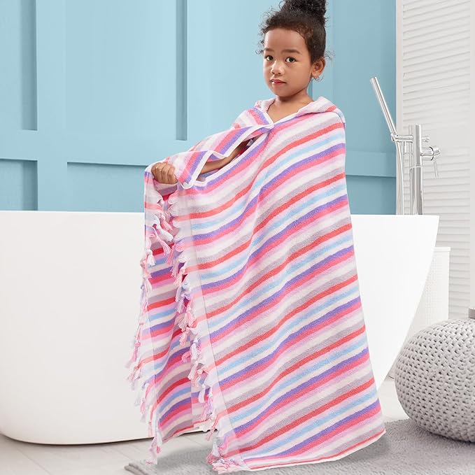Hooded Bath Towel for Kids (3-10Years) - Soft, Absorbent Oversized Turkish Cotton Pool Towels with Hood for Toddler,Perfect for Bath | Beach | Pool | Swim, Jacquard, Color Stripe with Tassels