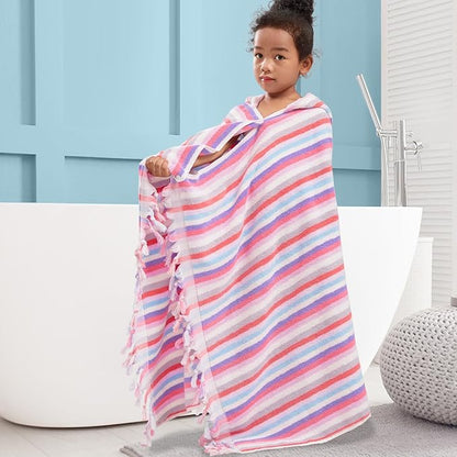Hooded Bath Towel for Kids (3-10Years) - Soft, Absorbent Oversized Turkish Cotton Pool Towels with Hood for Toddler,Perfect for Bath | Beach | Pool | Swim, Jacquard, Color Stripe with Tassels