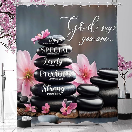 MESHELLY Zen Black Pink Shower Curtain 60Wx72H Scripture Flower Spa Relaxing Meditation Massage Bathroom Curtain Quotes Stone Bible Verse Bath Curtain Fabric Bathroom Accessories Decor with 12 Hooks