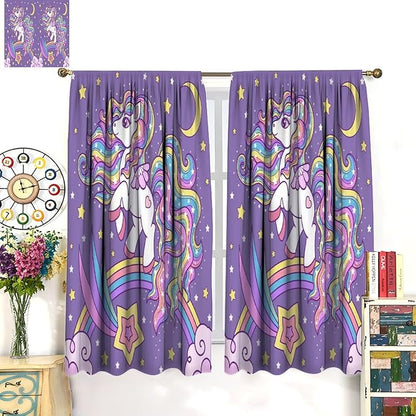 Unicorn Curtains Fantasy Star Moon Cartoon Theme Curtains Cute White Unicorn Rainbow Design Printed Curtains Boys Girls Room Curtains 52x84 Inch 2 Panels