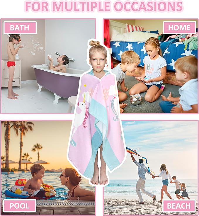 Kids Bath Towel Hooded - Cotton Kids Beach Towel 30"x50" for Ages 3 to 10, Toddler Towels with Hood Snaps, Soft Terry Poncho Towel as Pool Swim Cover Ups for Girls Boys (Unicorn Pink)