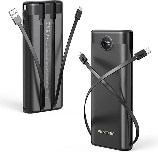 VEEKTOMX Power Bank 30000mAh, 22.5W Fast Charging Portable Charger built in cables, USB C Battery Pack, External Travel Battery Bank Compatible with iPhone, Samsung, Android Devices for Travel(1 Pack)