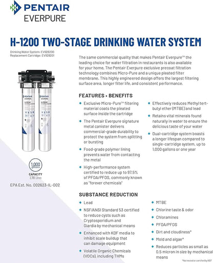 Pentair Everpure H-1200 Quick-Change Filter Cartridge Set, EV928201, Replacement Twin Pack for Use in Everpure H-1200 Drinking Water System, 1,000 Gallon Capacity, 0.5 Micron