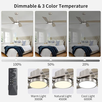 WINGBO 72 Inch DC Ceiling Fan with Lights and Remote, 4 Plywood Blades, 6-Speed Reversible DC Motor, Dimmable, 3CCT, Farmhouse Large Ceiling Fan for Bedroom Living Room Patio, Brushed Nickel and Gray