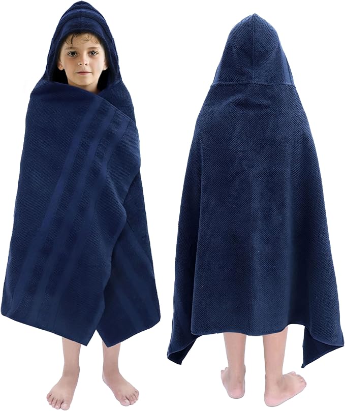 Hooded Bath Towel Wrap - 100% Cotton Popcorn Large Oversized Hooded Kids Towel - Toddler Shower Pool Beach Towel - 600 GSM - Soft Absorbent Quick Dry Easy Care Gift - 30x52 inches - Navy