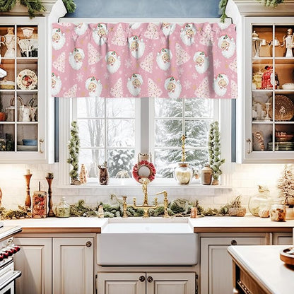 Pink Christmas Valance Curtains for Kitchen Windows Santa Claus Merry Christmas Tree Rod Pocket Window Treatment Toppers for Kitchen/Living Room/Bedroom/Bathroom, 42" X 12", Winter Snowflake