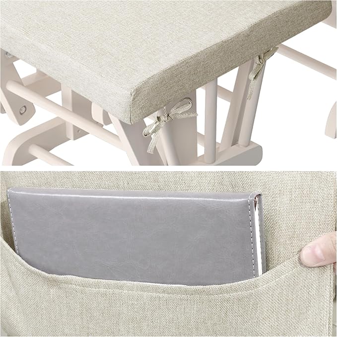 HOMBYS 5 PCS Glider Rocker Replacement Cushions with Storage Side Pocket,Linen-Like Fabric, Foam & Microfiber Filling, Non-Slip & Washable,Thickened & Supportive for Glider Rocking Chair, Khaki