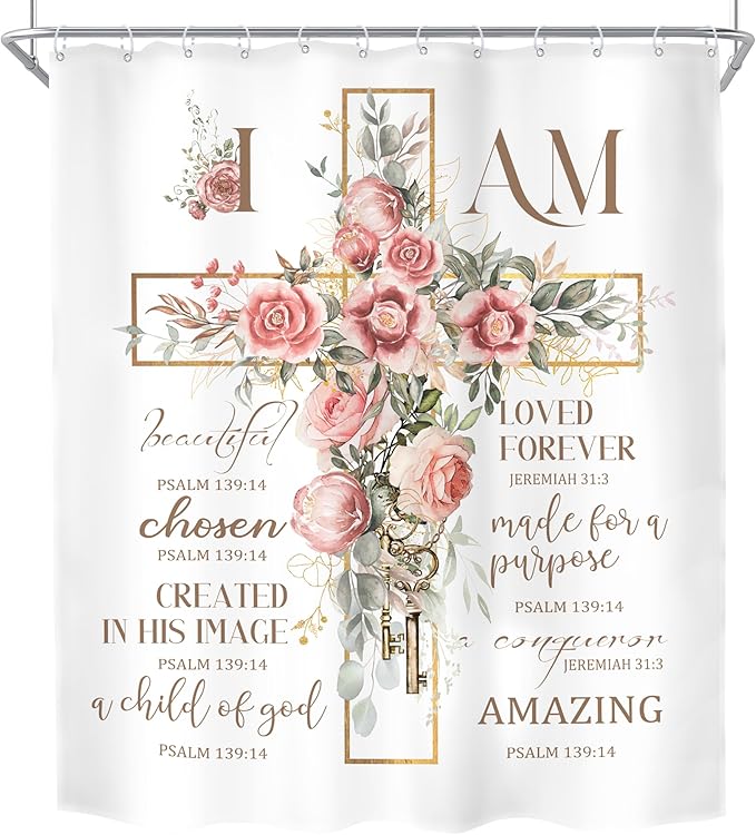 MESHELLY Pink Floral Shower Curtain 60Wx72H Christian Shower Curtain Rustic Farmhouse Bible Verse Cross Bathroom Curtain Motivational Quote Country Bath Curtain Fabric Bathroom Decor with 12 Hooks