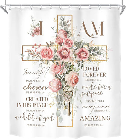 MESHELLY Pink Floral Shower Curtain 60Wx72H Christian Shower Curtain Rustic Farmhouse Bible Verse Cross Bathroom Curtain Motivational Quote Country Bath Curtain Fabric Bathroom Decor with 12 Hooks