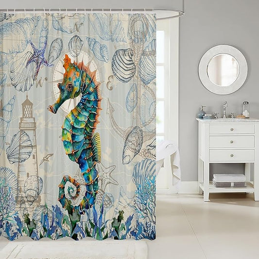 Feelyou Seahorse Fabric Shower Curtain Under Sea Animals Shower Curtain for Kids Shells and Corals Bathroom Waterproof Accessories with 12 Hooks Watercolor Green and Brown Curtains,72X78 Inches