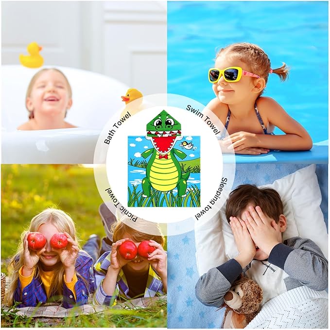 Kids Crocodile Hooded Beach Towel Boys Cute Ship Poncho Pool Towels with Hood 24*47" Soft Microfiber Swim Cover-ups Kids Ages 3-10 Thick Absorbent Cotton Hooded Bath Towels Wrap Bathrobe