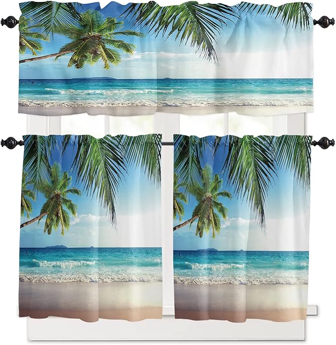 Kitchen Curtains and Valances Set,Palms Tree Ocean Tropical Sea Window Treatments Tiers Beach Theme Semi Sheer Half/Short Curtains for Small Windows Cafe /Living Room/ Bedroom 54x24 in, 3-Piece