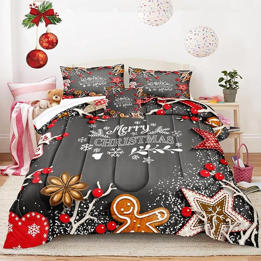Bedbay Christmas Bedding Set King Size Red Christmas Comforter Set Cute Gingerbread Man and Snowflake Pattern Boys Girls Xmas Festival Bedding 4 Pcs Comforter Set(Christmas,King)