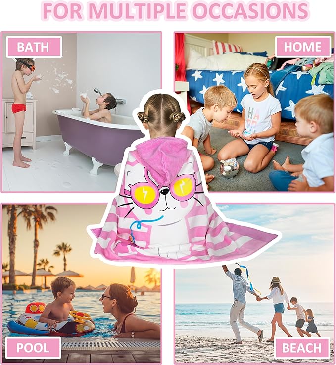 Toddler Bath Towel Hooded - Cotton Kids Beach Towel 30"x50" for Ages 3 to 10, Soft Terry Poncho Towel as Pool Swim Cover Ups for Girls Boys (Cat Pink)