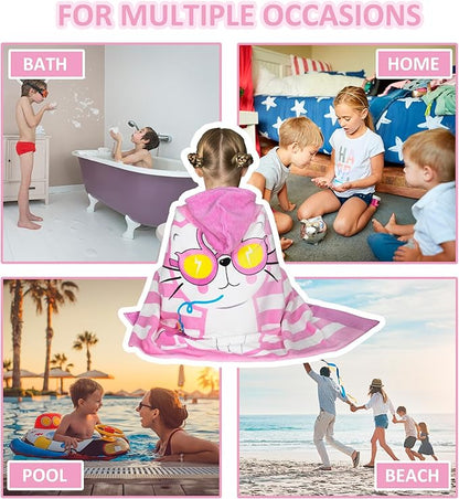Toddler Bath Towel Hooded - Cotton Kids Beach Towel 30"x50" for Ages 3 to 10, Soft Terry Poncho Towel as Pool Swim Cover Ups for Girls Boys (Cat Pink)