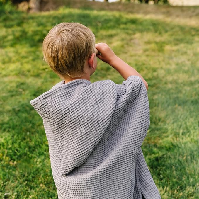 Hooded Towel for Kids | Snaps into a Poncho | Organic Cotton Waffle | Lightweight and Absorbent | Bath, Beach, and Pool | Multiple Colors | (Medium (3-6 Yrs), Dove)