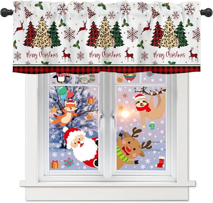 Merry Christmas Valance Kitchen Curtains for Windows,Farm Christmas Tree Buffalo Plaid Leopard Rod Pocket Window Treatments Holiday Decor Short Curtains For Bedroom/ Living Room,54" X 18" -1 Panel