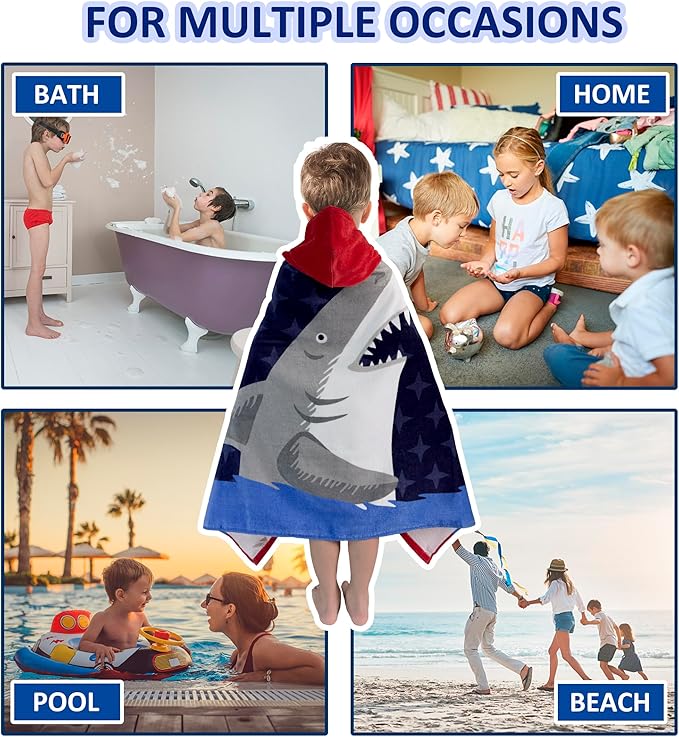 Kids Bath Towel Hooded - Cotton Kids Beach Towel 30"x50" for Ages 3 to 10, Toddler Towels with Hood Snaps, Soft Terry Poncho Towel as Pool Swim Cover Ups for Girls Boys (Shark Navy)