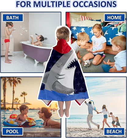 Kids Bath Towel Hooded - Cotton Kids Beach Towel 30"x50" for Ages 3 to 10, Toddler Towels with Hood Snaps, Soft Terry Poncho Towel as Pool Swim Cover Ups for Girls Boys (Shark Navy)