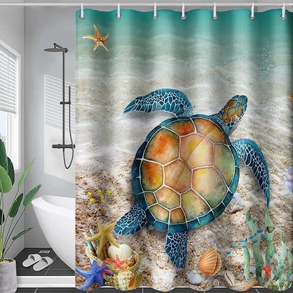 AILONEN Sea Turtle Shower Curtain,Beach Ocean Turtle Bath Curtain with 12 Plastic Hooks,Sea Animal Coast Shell Print Bath Curtain Polyester Waterproof 72" W*96" H