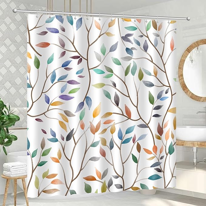 Boho Floral Shower Curtain, Spring Colorful Botanical Flower Leaves Bohemian Fabric Shower Curtain Set with 12 Hooks, Bathroom Bathtub Accessories Decor Cloth Curtain 60x72 Inches