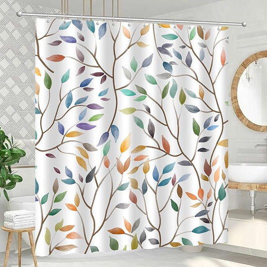 Boho Floral Shower Curtain, Spring Colorful Botanical Flower Leaves Bohemian Fabric Shower Curtain Set with 12 Hooks, Bathroom Bathtub Accessories Decor Cloth Curtain 60x72 Inches