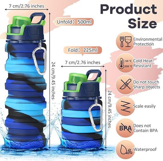 Sunnyray 14 Pack Collapsible Water Bottles 17oz Silicone Portable Water Bottle Bulk Foldable Leak Proof Water Bottle Reusable Camouflage Sports Bottles with Clip for Travel Hiking Camping Outdoor