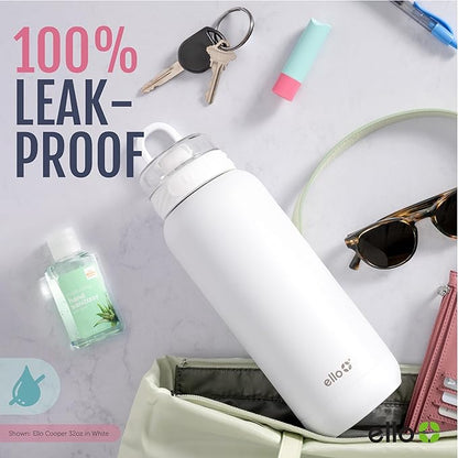 Ello Cooper 40oz Stainless Steel Water Bottle with Straw and Carry Handle, Double Walled and Vacuum Insulated Metal, Leak Proof Locking Lid with Soft Silicone Spout, Reusable, BPA Free, White Marble