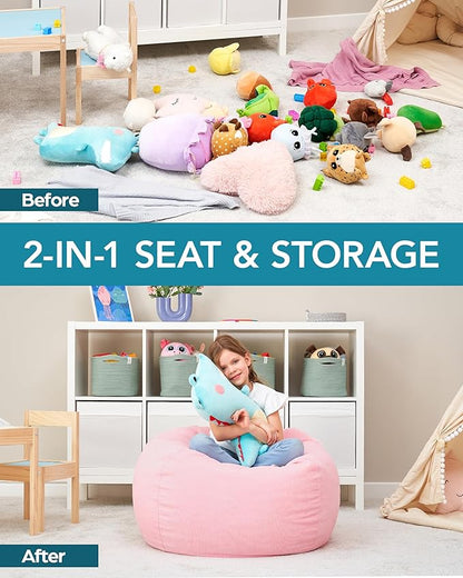 Stuffed Animal Bean Bag Storage (No Filler) - Machine Washable Kids Bean Bag Chair - Extra Large Pink Bean Bag Chair Cover Stuff Toys & Soft Items - Stuffed Animal Holder for Girls -Pink Corduroy