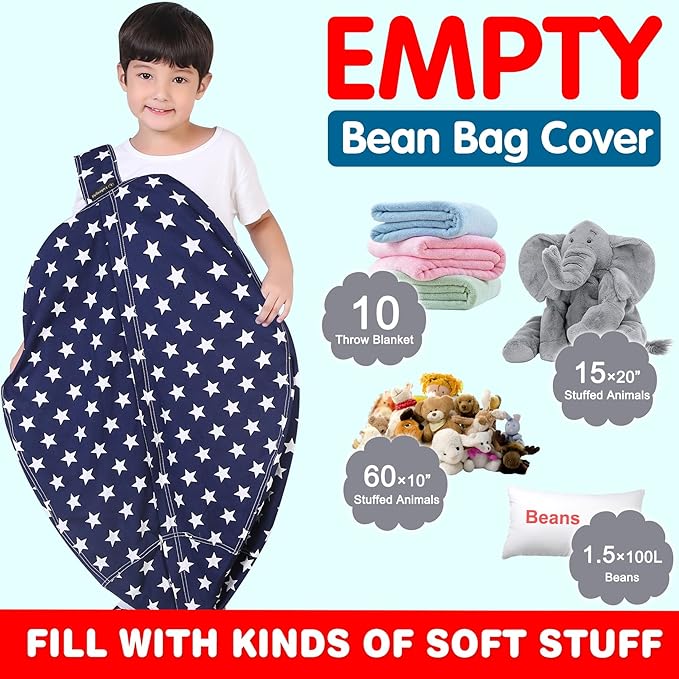 Lukeight Stuffed Animal Storage Bean Bag Chair Cover for Kids, Zipper Beanbag Chair Cover for Organizing Toddler and Kids' Rooms Plush Toys (Stars Navy, Large)